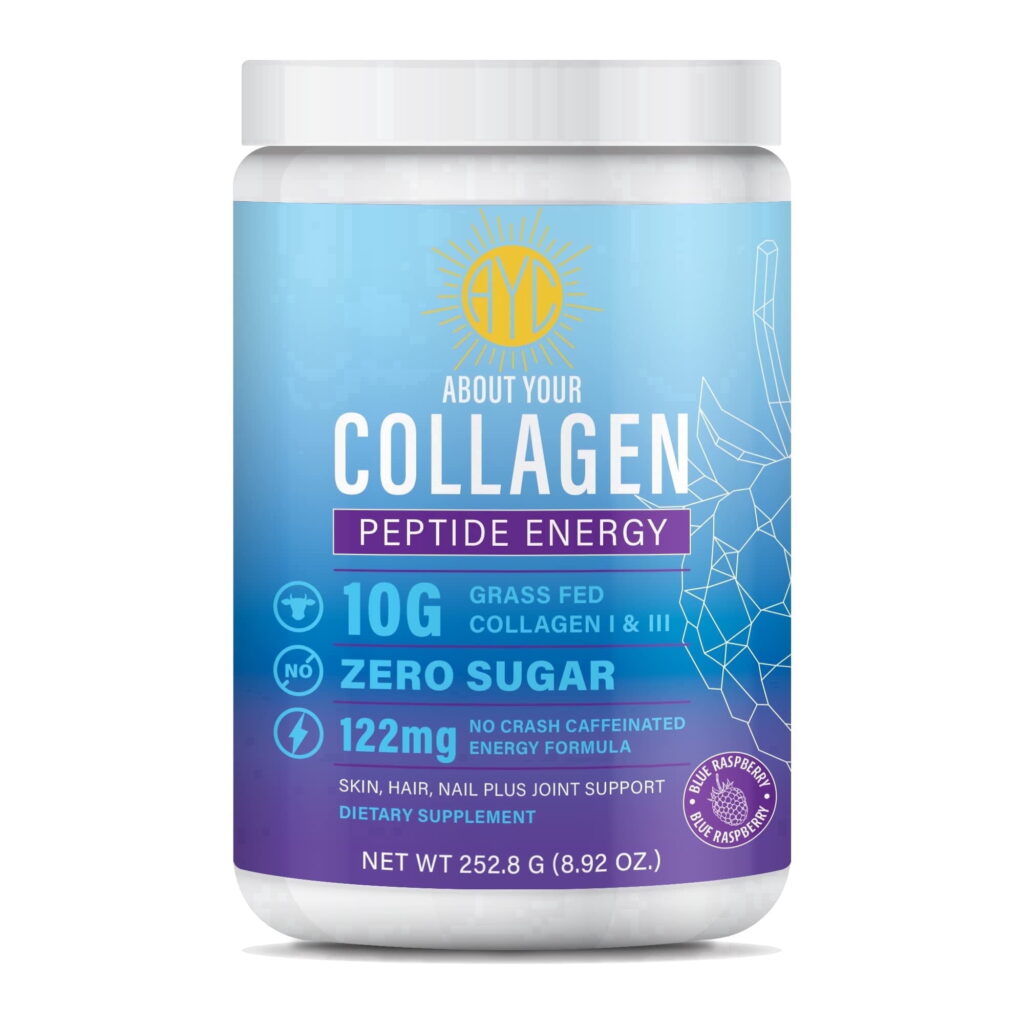ABOUT YOUR COLLAGEN Peptide Energy Collagen Powder Hair, Nail, Skin, Type I & III,Caffeine for Energy, Vitamin C, Biotin, Hyaluronic Acid, Zero Sugar โ 8.92 oz (Blue Raspberry)