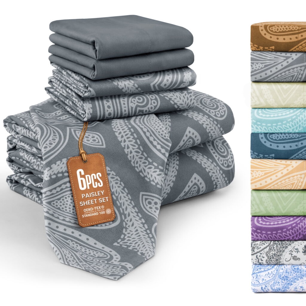 Lux Decor Queen 6 Piece Bed Sheet Set - Paisley Printed Microfiber Sheets, Ultra Soft, Deep Pocket, Wrinkle-Free, Breathable, OEKO-TEX Certified - Queen, Grey