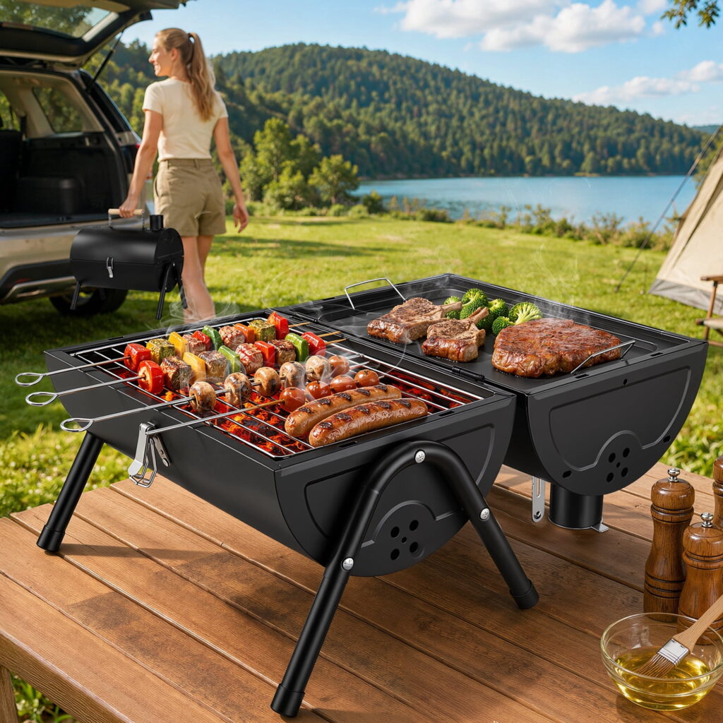RELOIVE Portable Charcoal Grill Tabletop BBQ with Dual Independent Charcoal Trays, 40 Skewers Capacity, One-Step Vent Temperature Control, Lightweight 6.6 lbs for Camping Tailgating Backyard