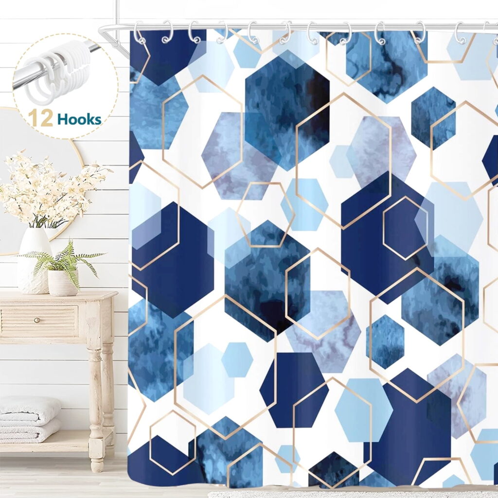 Dznils Blue Geometric Fabric Shower Curtain, Modern Abstract Bathroom Curtain with Hooks, 72" x 72"