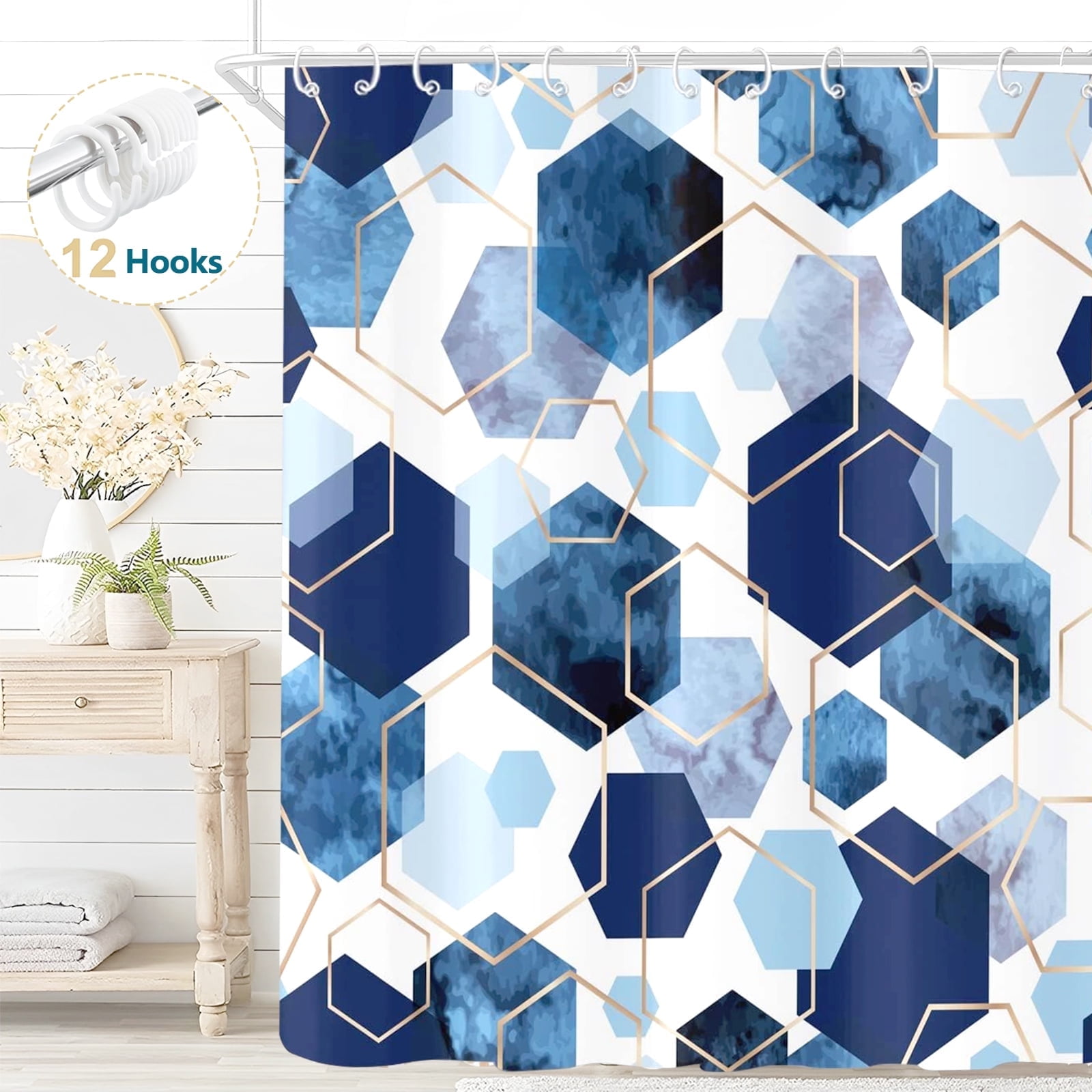 Dznils Blue Geometric Fabric Shower Curtain, Modern Abstract Bathroom Curtain with Hooks, 72" x 72"