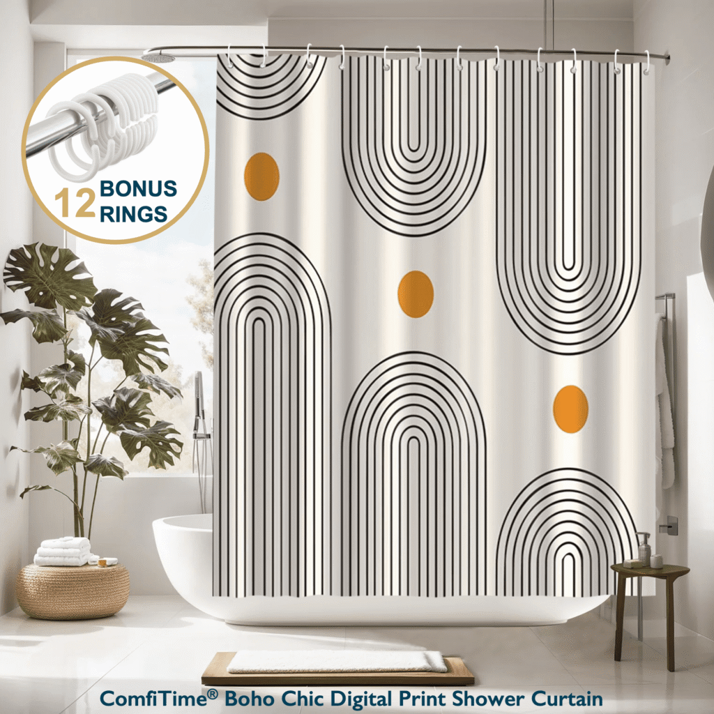 ComfiTime Boho Shower Curtain with Hooks โ Heavy-Duty Mold/Mildew-Resistant, Weighted-Hem Fabric Bathroom Curtain, Water-Repellent, Machine-Washable, Fade-Resistant, 72 x 72