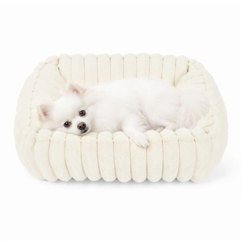 Exclusivo Mezcla Ribbed Plush Cuddler Dog Bed, 20"x16" Calming Pet Bed with Non-Slip Bottom for Small Dogs, Ivory