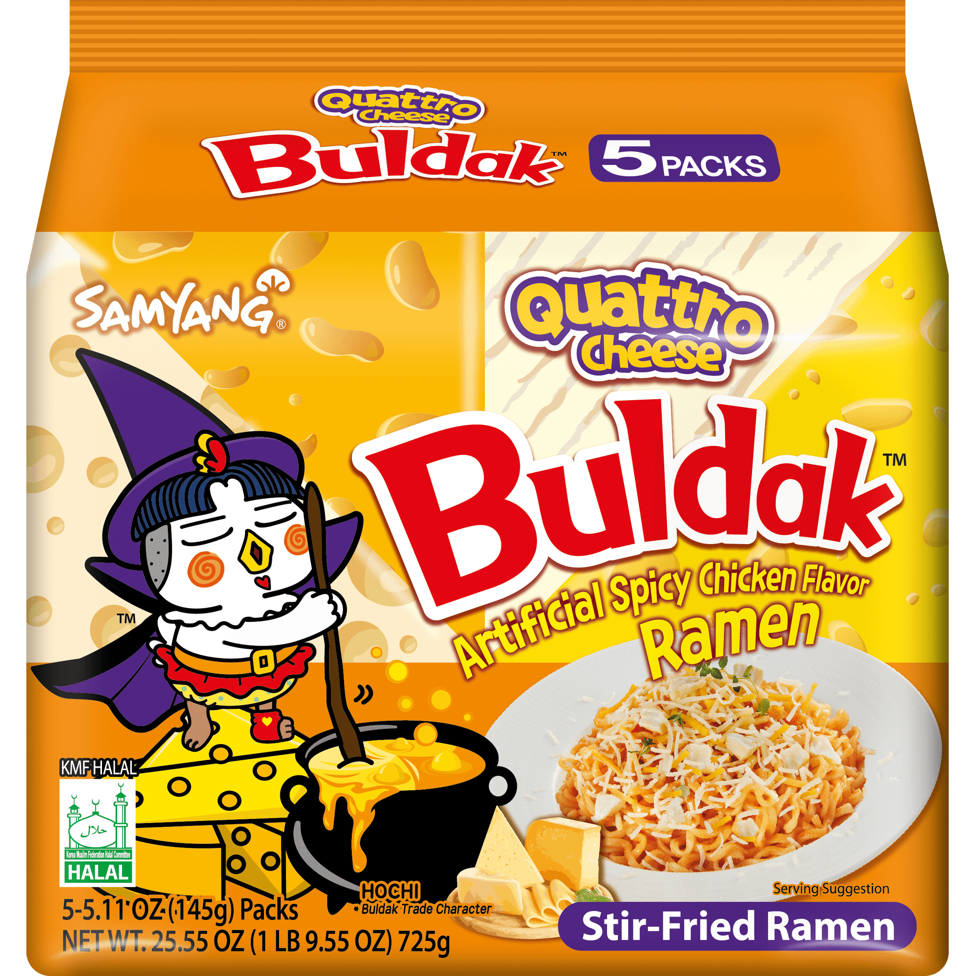 Samyang Buldak Quattro Cheese Spicy Chicken Instant Ramen Noodles, 5 Pack, 5.11 oz Bags