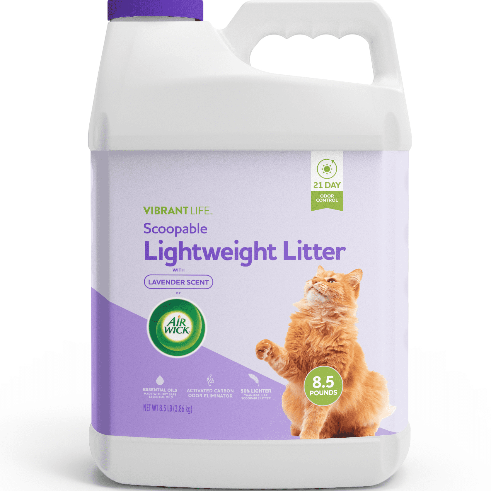 Vibrant Life Lightweight Clumping Cat Litter, Air Wick Lavender Oil Scent, Activated Carbon, Up to 21 Days Odor Control, 8.5 lb Jug