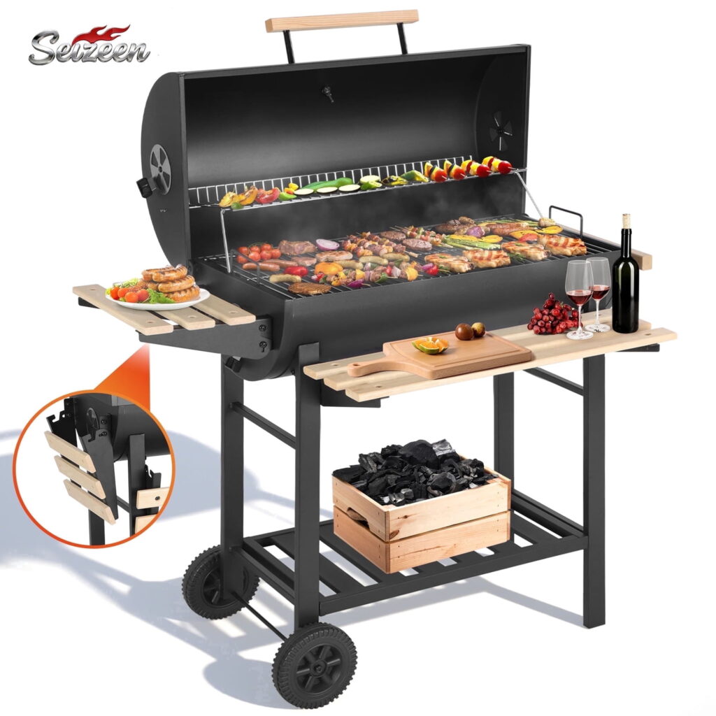 SEIZEEN Charcoal Grill with Thermometer & Large Cooking Space, Smoker Grill, BBQ Grills for Camping & Picnic, Iron, Black