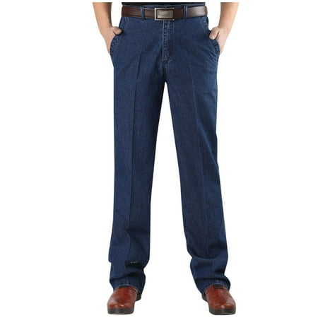 Guluxicc Jeans for Men Casual Stretch Pull On Denim Pants High Rise Straight Leg Trousers, Blue