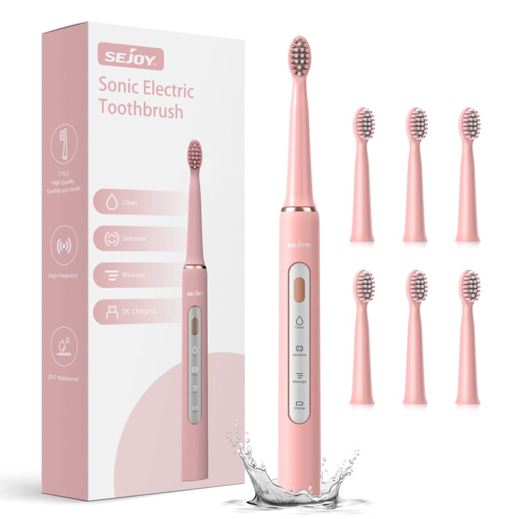 Sejoy Rechargeable Toothbrush Electric with 7 Tooth Heads,for Adults and Kids,Power Sonic Tooth Brush Soft Cleaning,3 Modes ,Smart Timer for Home Travel,Gift,Pink