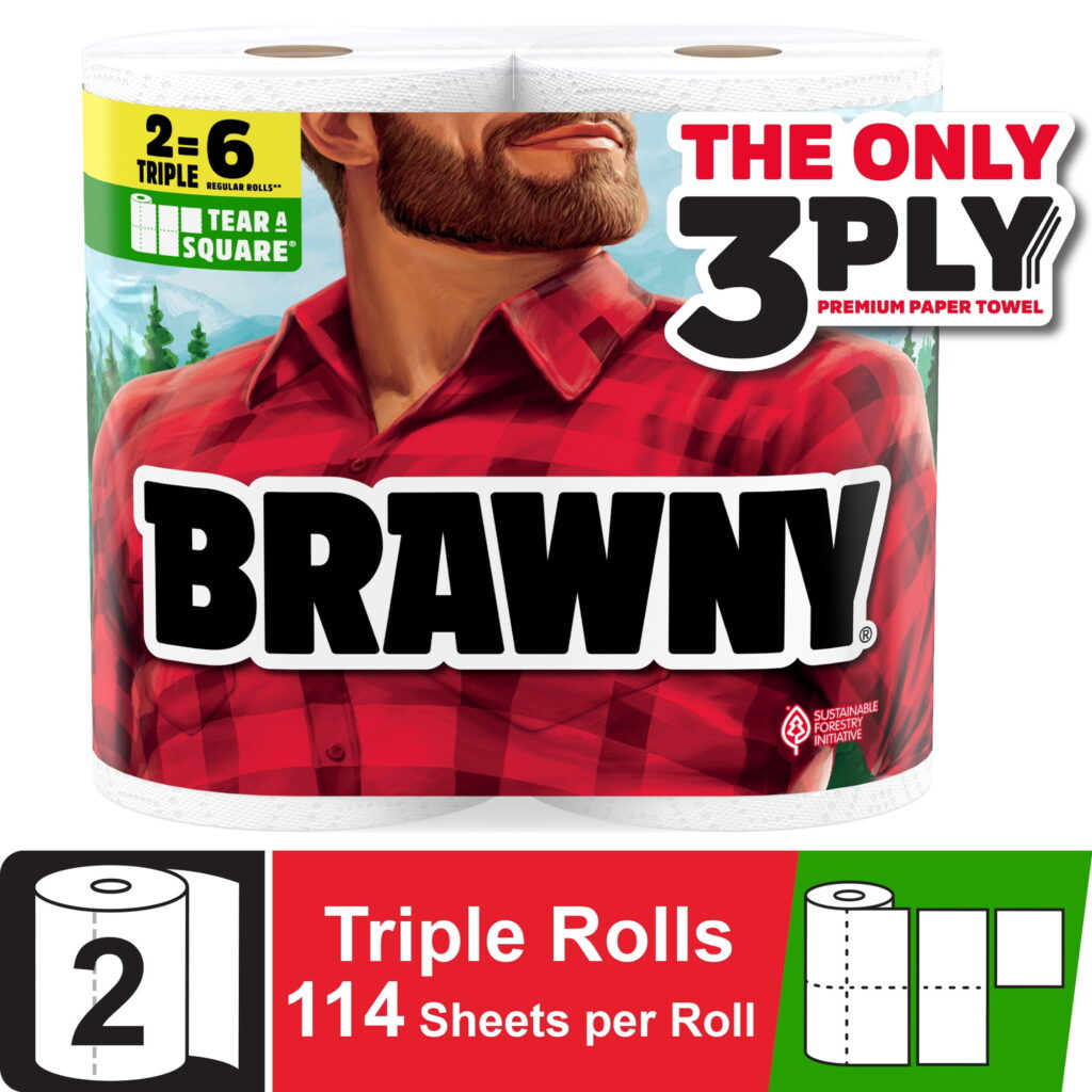 Brawny Tear-A-Square 3-Ply Paper Towels, 2 Triple Rolls, 114 Sheets per Roll