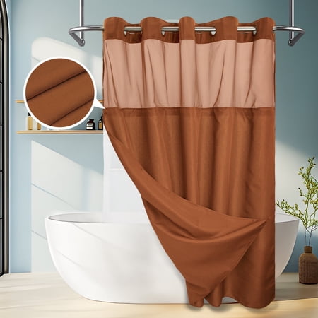 Yiannan No Hook Slub Textured Shower Curtain with Snap-in PEVA Liner, Mesh Window - Terracotta, 71 x 74