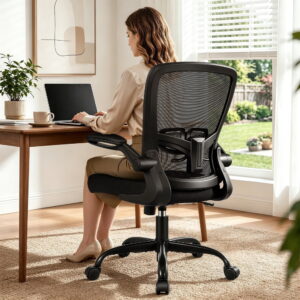 COOLHUT Ergonomic Office Chair, Home Office Desk Chair, Comfort Mesh Task Chair with Adjustable Lumbar Support and Flip up Arms, Black