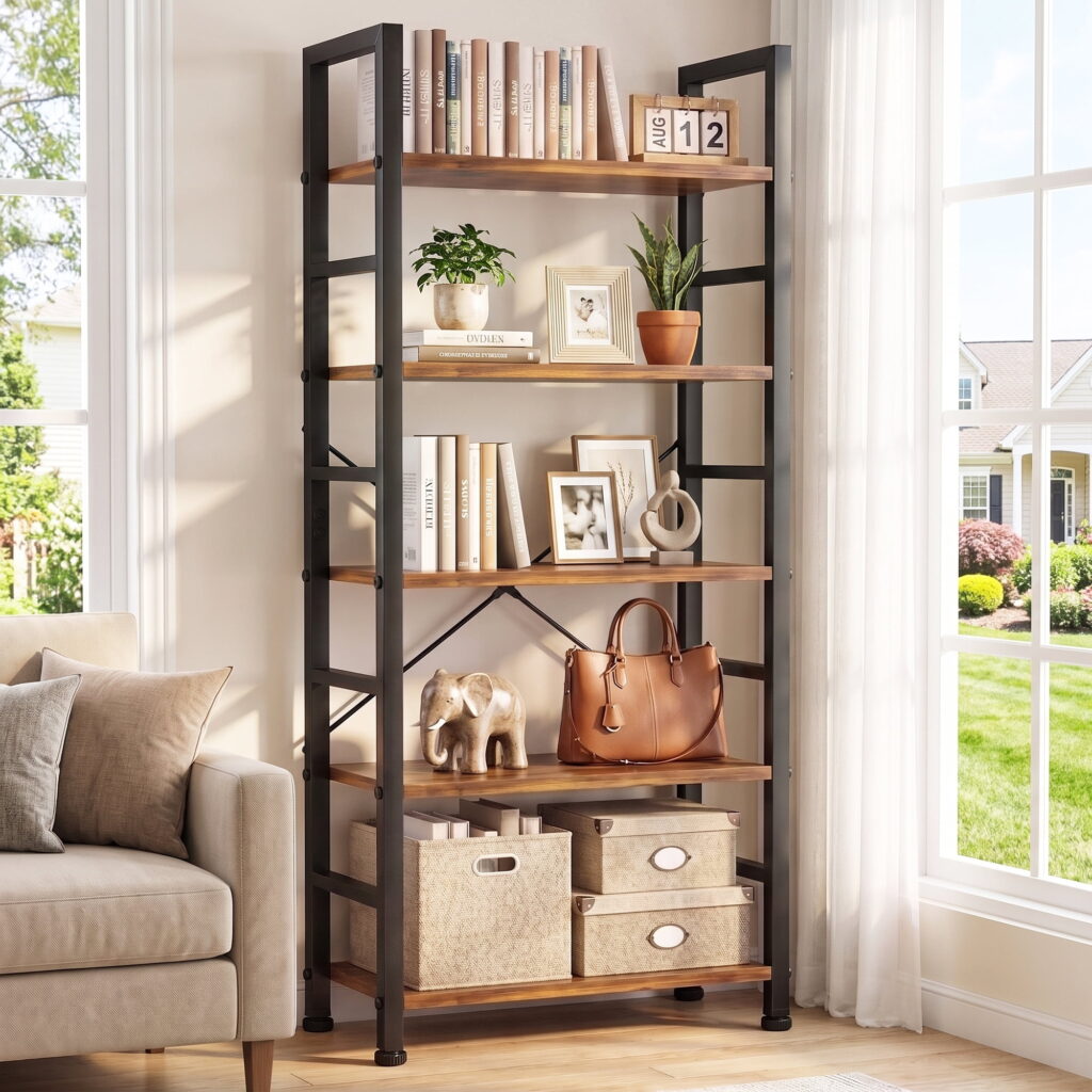 Atilioo 5 Tier Bookcase, 62" Tall Bookshelf, Wooden Storage Organizer with Adjustable Shelves for Living Room, Home Office, Kitchen, Rustic Brown