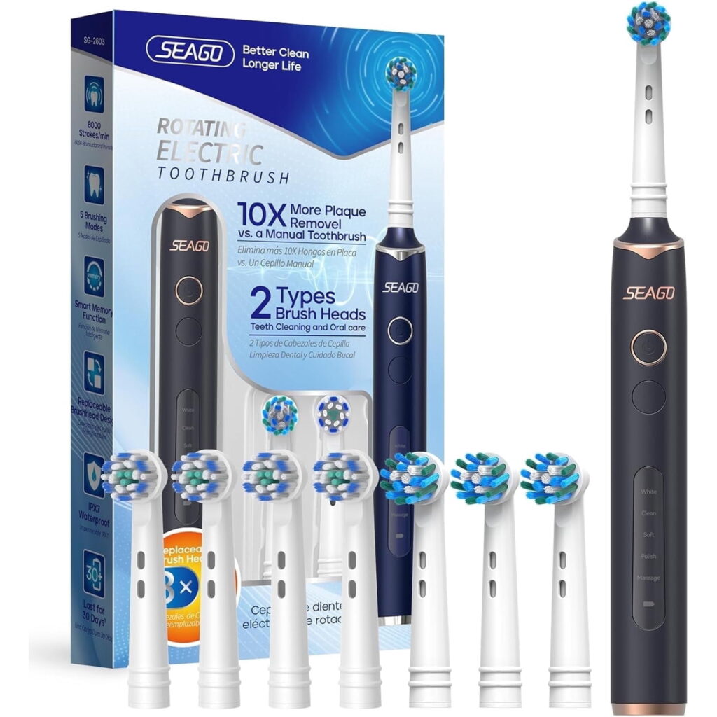 SEAGO SG-2603 Rotating 5 Cleaning Modes Electric Toothbrush with 8 Brush Heads, Black