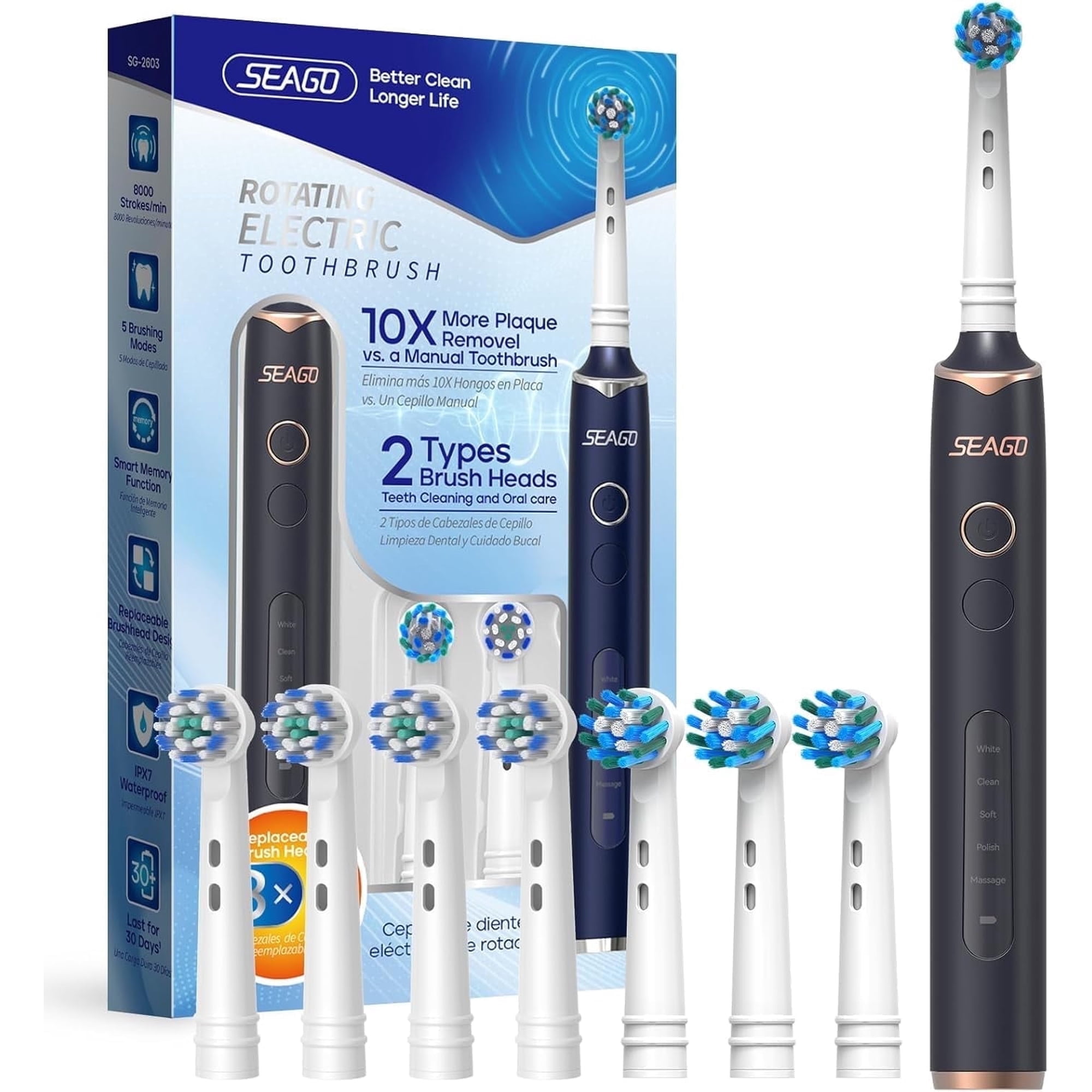 SEAGO SG-2603 Rotating 5 Cleaning Modes Electric Toothbrush with 8 Brush Heads, Black