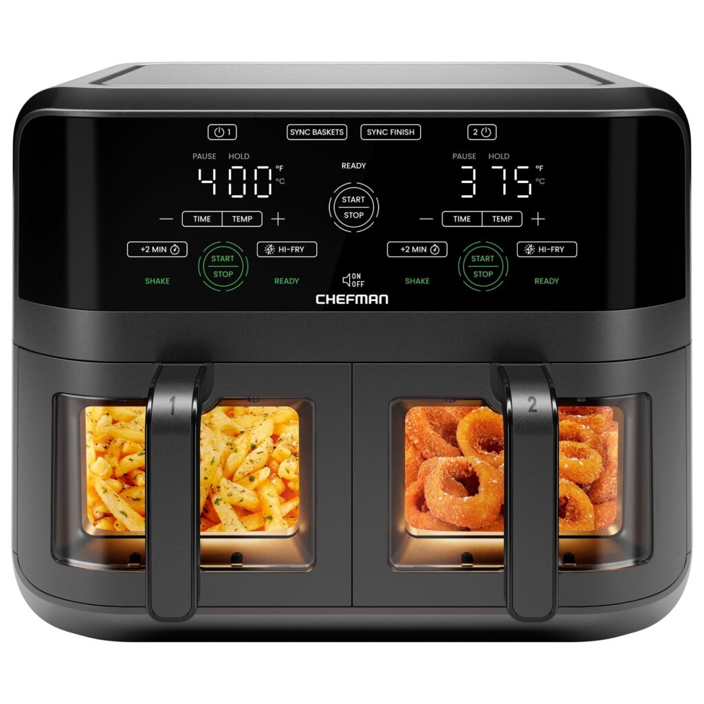 Chefman Dual Basket Digital Air Fryer w/ Easy View Windows, 2 Independent 3 Qt Baskets - Black