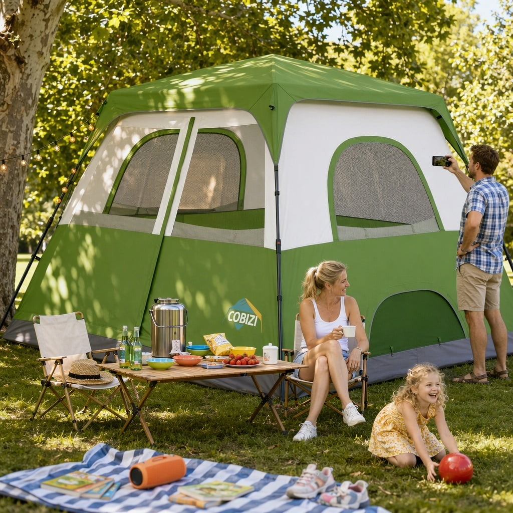 COBIZI 4-6-8 Person Family Camping Tent with Instant Pop-Up Setup, 10x9FT 210D Oxford Waterproof PU2000mm & Fire Resistant, Mesh Screen Windows, Wind Ropes and Stakes Included, Green