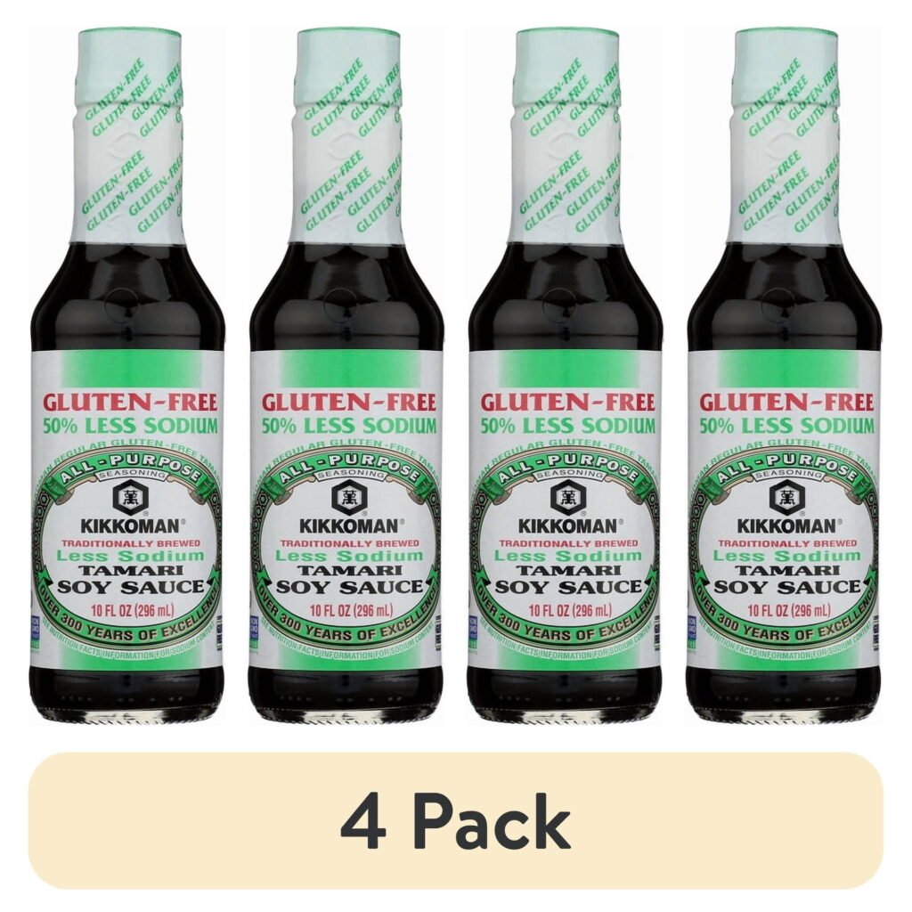 (4 pack) Kikkoman Tamari Less Sodium Soy Sauce, 10 fl oz Bottle
