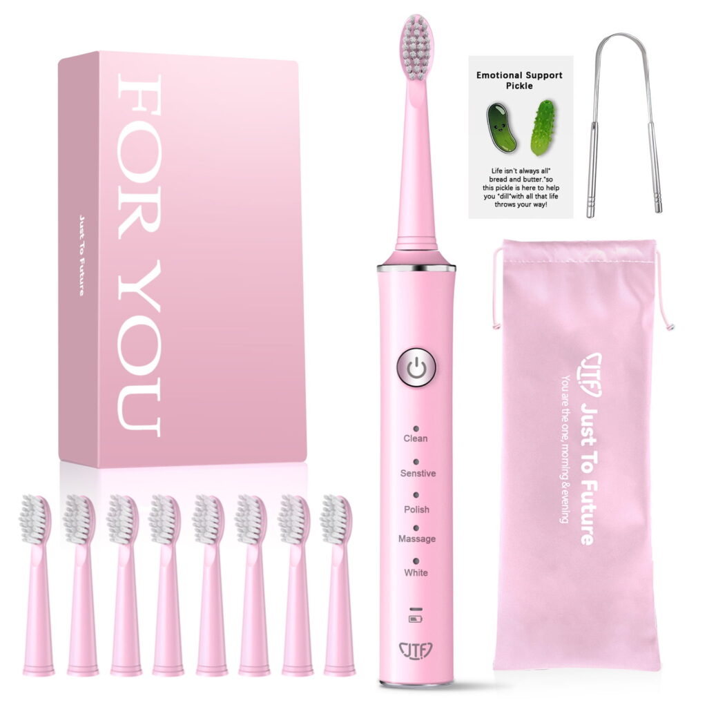 JTF Sonic Electric Toothbrush for Adults with 8 Brush Heads, Tongue Scraper and Travel Bag - FOR YOU 5 Modes Rechargeable Power Toothbrush for Family and Friends/For Home School Trips, Pink