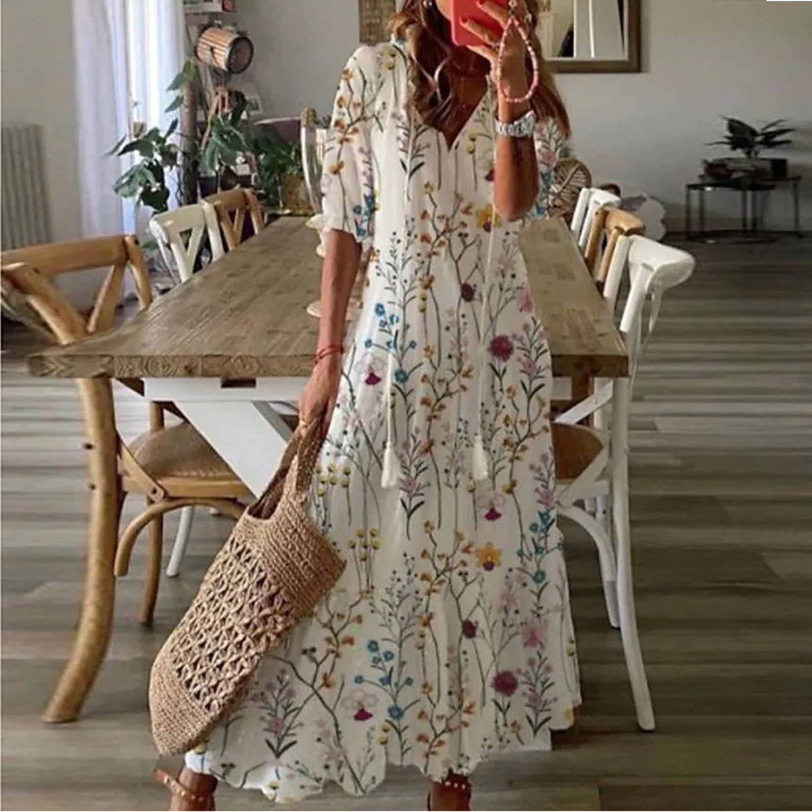 Summer Dresses for Women 2024 Oversize Fashion Casual Spring And Summer V-neck Three-quarter Sleeve Printed Dress