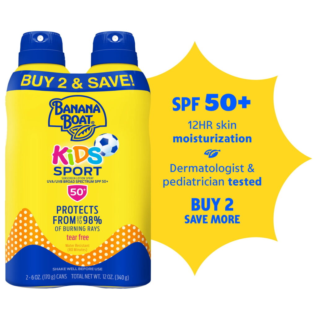 Banana Boat Kids Sport Sunscreen Spray SPF 50, Twin Pack, Kids Sunscreen Spray, 2 6 oz Sprays