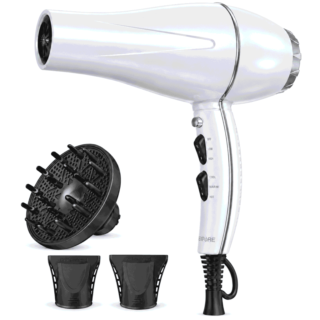 NEXPURE Salon Hair Dryer, 1875W Ionic Blow Dryer with Diffuser and Concentrator, Fast Drying Low Noise, 3 Heat & 2 Speed Settings, White