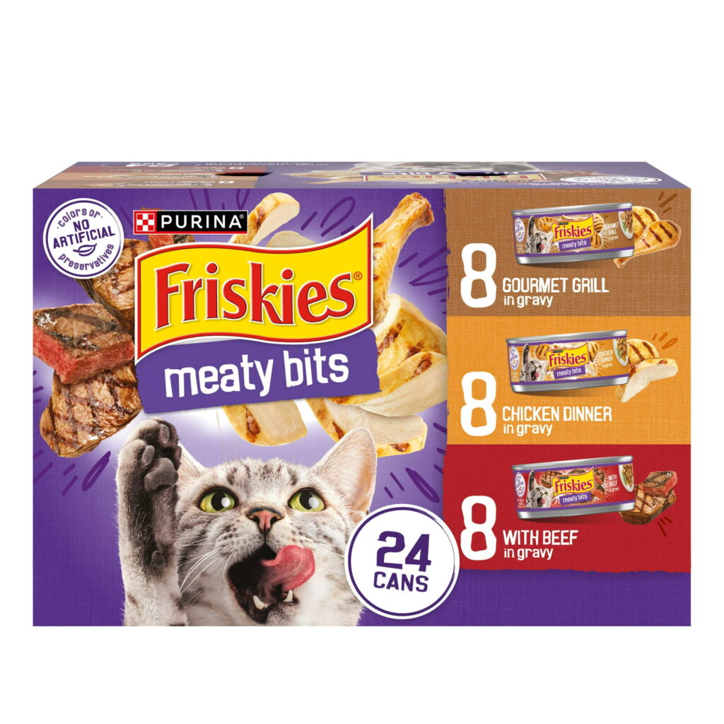 Friskies Meaty Bits Gourmet Grill, Chicken Dinner, & Beef Wet Cat Food Variety Pack, 5.5 oz Cans (24 Pack)