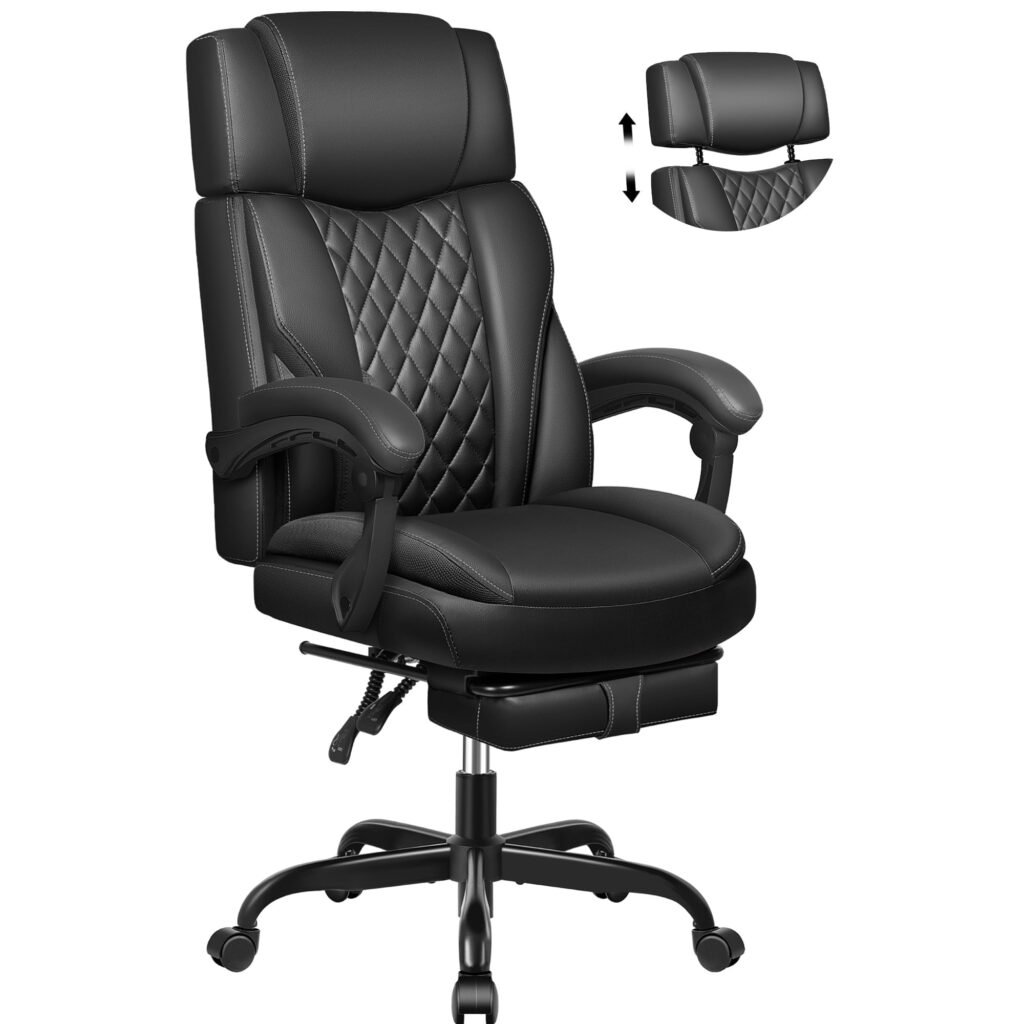 FASTES Big and Tall Ergonomic Office Chair with Footrest - Leather Computer Desk Chair, Reclining High Back Ergonomic Chair with Adjustable Headrest & Lumbar Support, Black