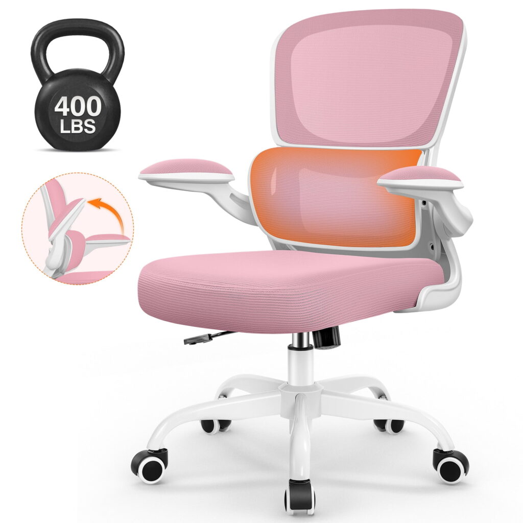 COOLHUT Office Chair, Ergonomic Desk Chair with Lumbar Support and Adjustable Armrests, Breathable Mesh Mid Back Computer Chair, Reclining Task Chair for Home Office, Pink