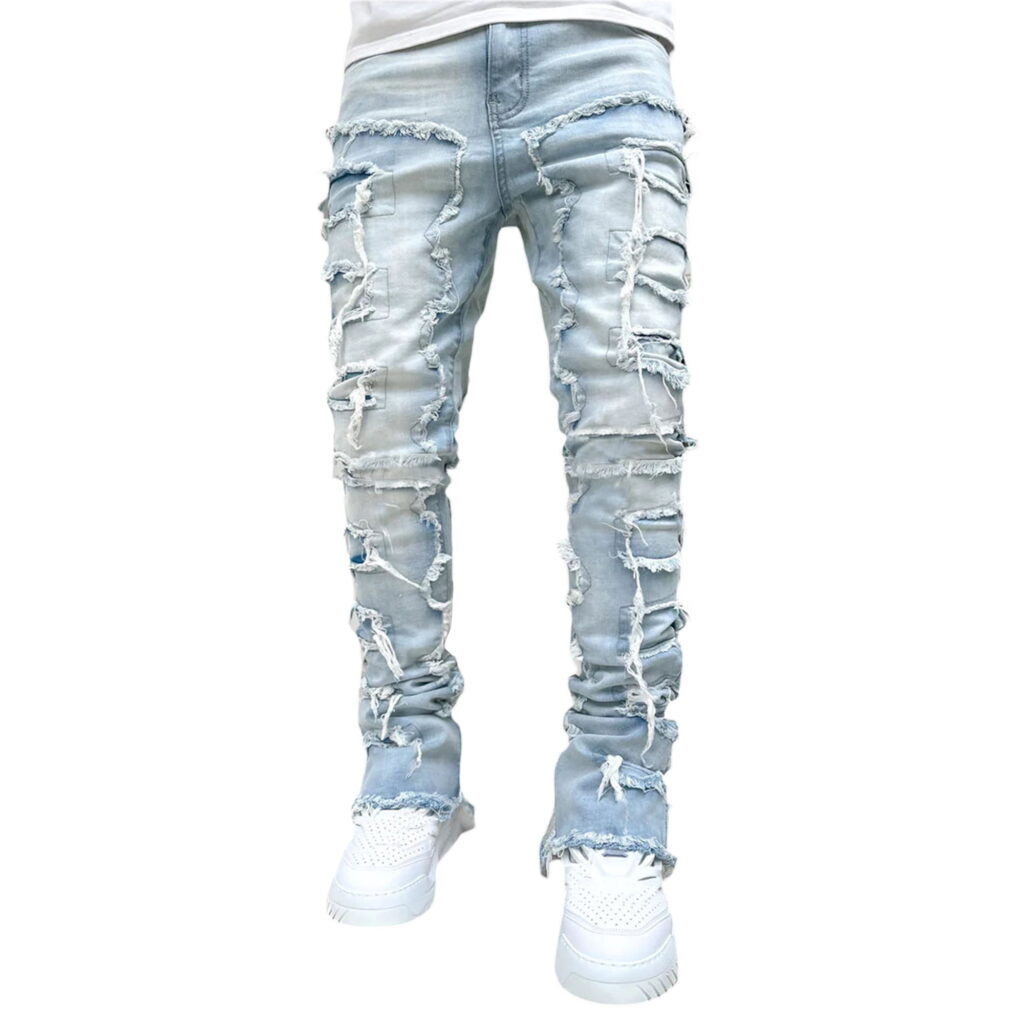 Men's Regular Fit Stacked Jeans Patch Distressed Destroyed Straight Denim Pants Streetwear Clothes