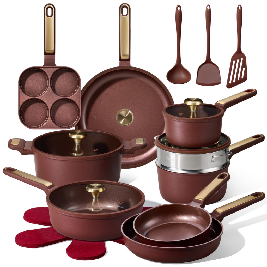 Carote Non-Toxic Ceramic Nonstick Pots and Pans Set, 21-Piece Cookware Set with Lids, All Stoves Compatible, Dishwasher Safe, Burgundy Red