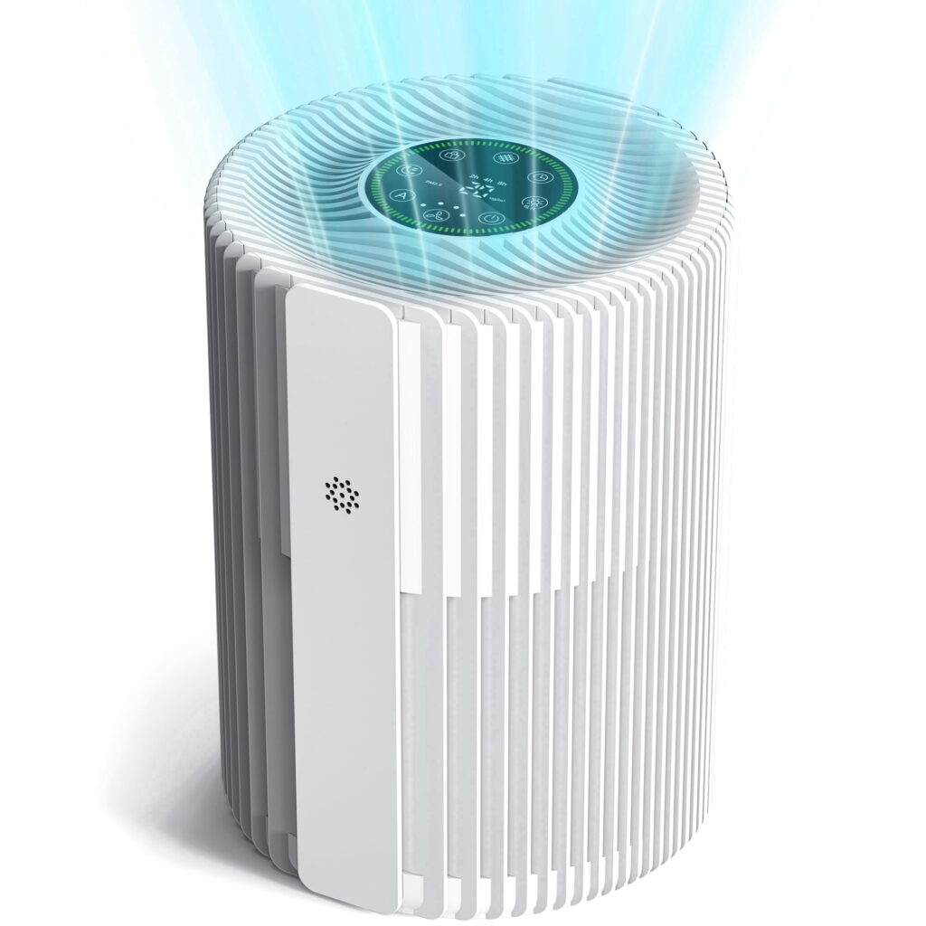 KLOUDIC Air Purifiers for Home with High Efficiency Filter Up to 600 Ft², Real-Time Air Quality (PM2.5) Display, Compact Air Cleaner with 4 Speeds, Timer, White