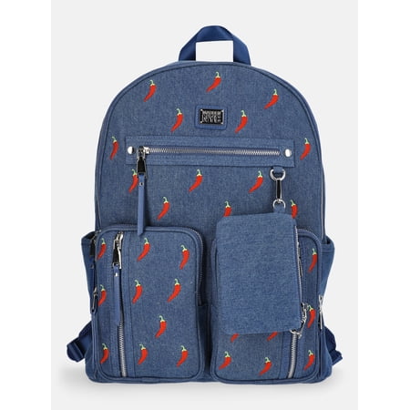 Madden NYC Women's Double Pocket Dome Backpack with Pouch, Chili Denim