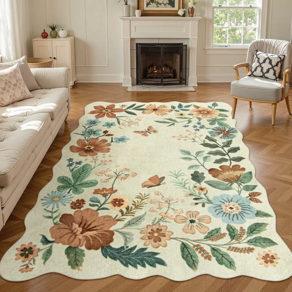 Moynesa 5'x7' Floral Living Room Rugs, Area Rugs 5x7ft Rug for Bedroom Ultra-Thin Soft Rug, Non-Slip Washable Rugs Stain Resistant Boho Rug Low-Pile Throw Rug for ‎Dining Room Office,Beige