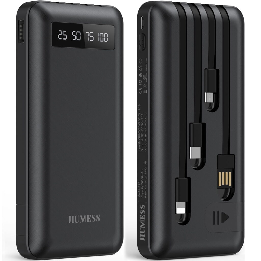 JIUMESS 20000mAh Power Bank Portable Charger with Cables Compatible for iPhone, Android Cell Phone