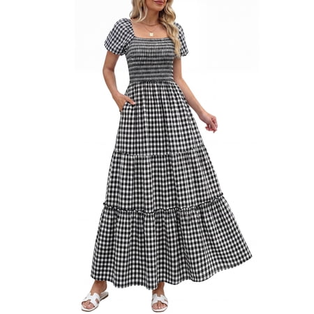 PRETTYGARDEN Women's Gingham Short Puff Sleeve Maxi Dress, Sizes S-XXL