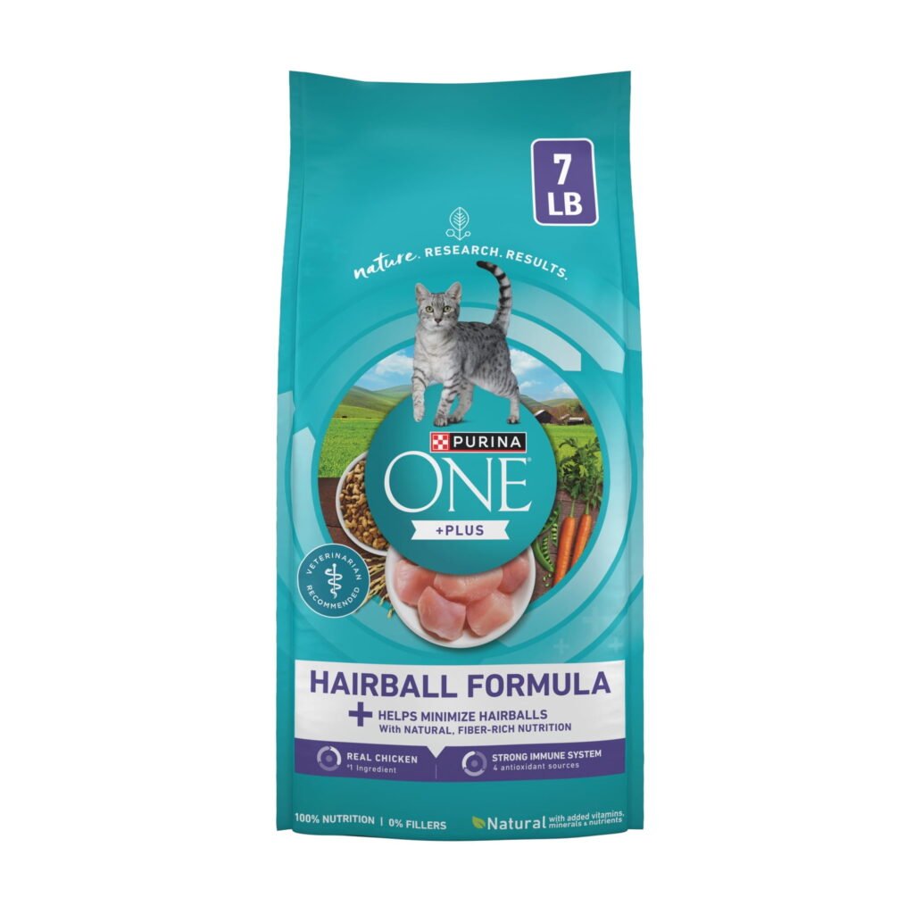 Purina ONE Plus, Hairball Formula Dry Cat Food, Chicken, 7 lb Bag, 4 Pack