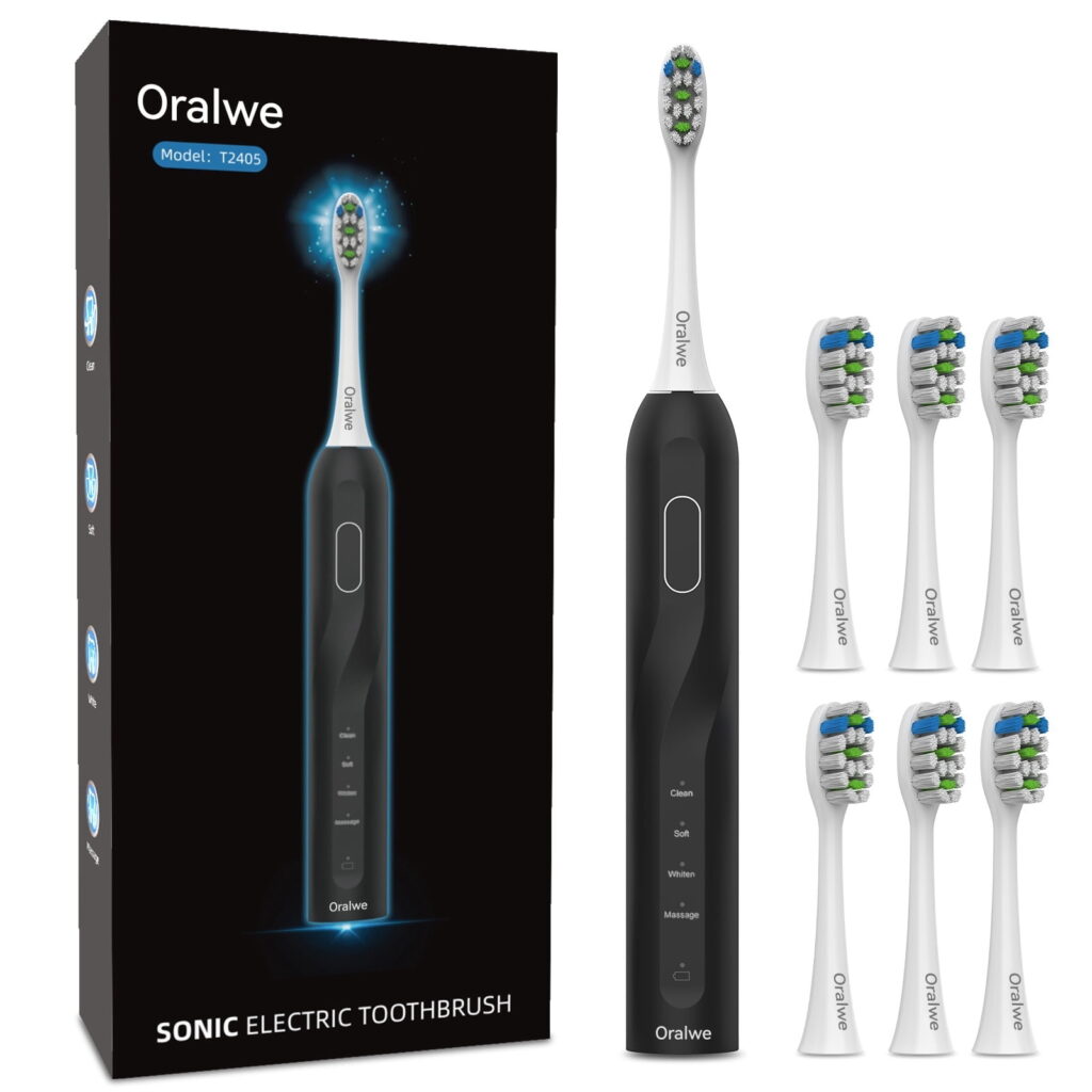 Magnetic‑Levitation Sonic Electric Toothbrush T2405, 6 Replacement Brush Heads, 4 Brushing Modes, Smart Timer & IPX7 Waterproof, for Adults and Kids, Black