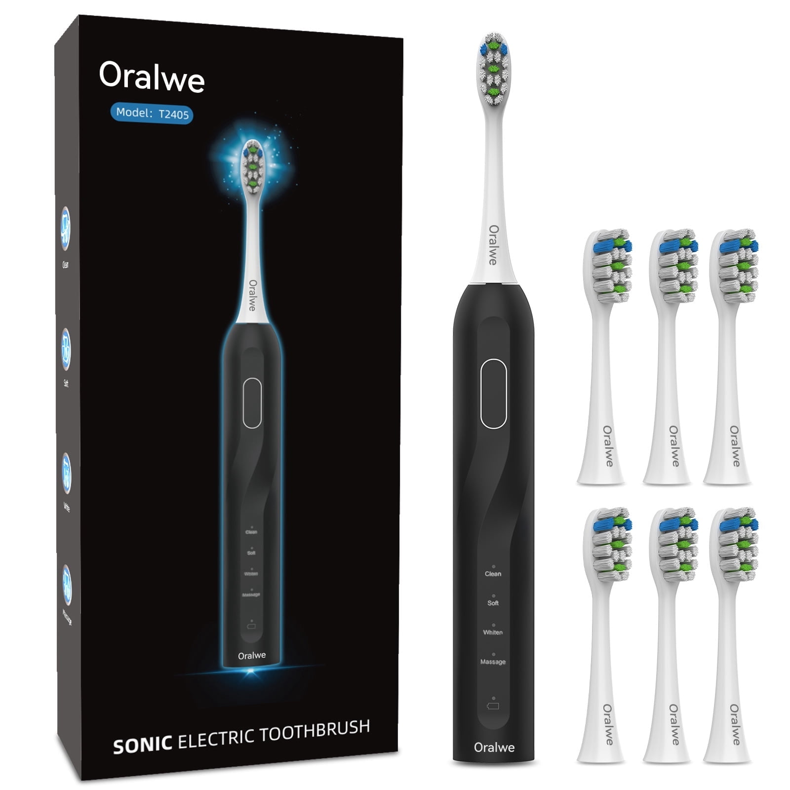 Magnetic‑Levitation Sonic Electric Toothbrush T2405, 6 Replacement Brush Heads, 4 Brushing Modes, Smart Timer & IPX7 Waterproof, for Adults and Kids, Black