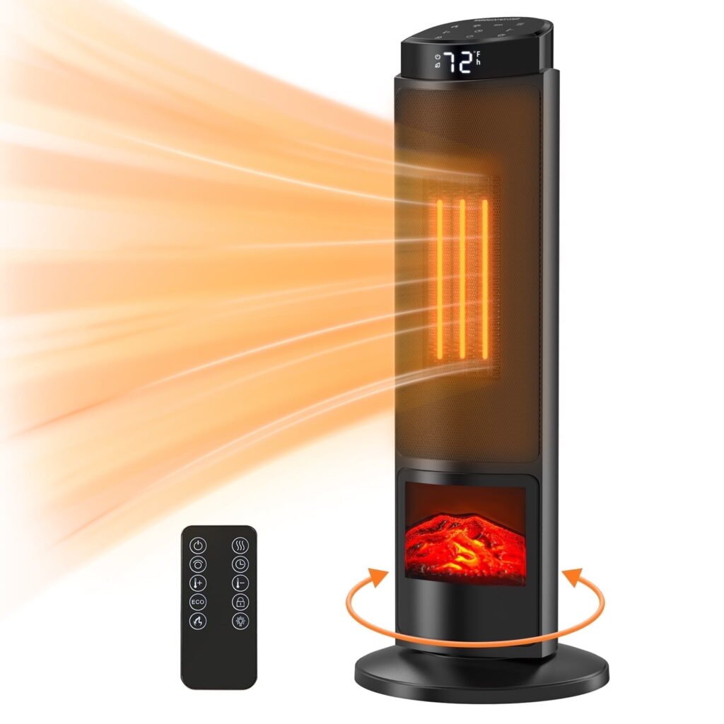EDX 1500W Space Heater for Indoor Use, 23" Electric Heater with 7 Light Colors, 70° Oscillation, Adjustable Thermostat & Remote, Tip-Over Protection, Black