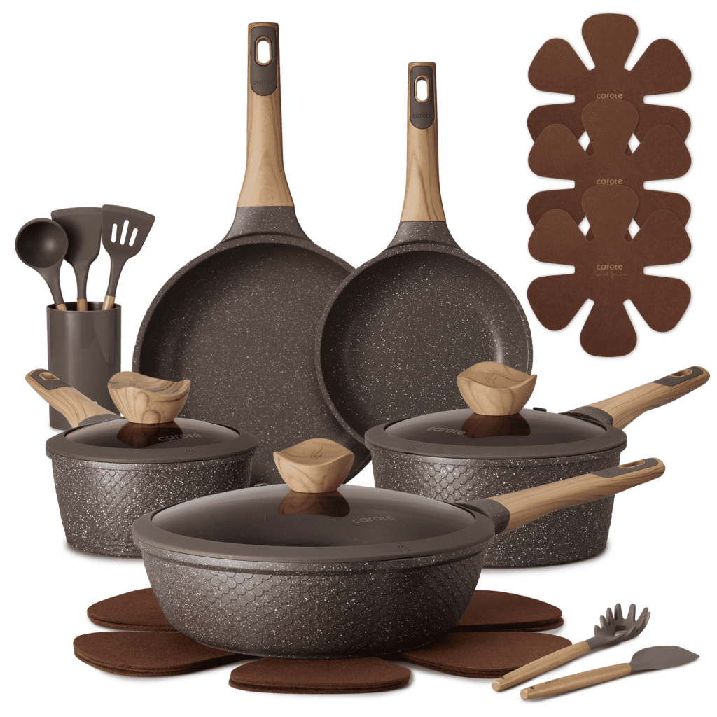 CAROTE 18-Piece Nonstick Pots and Pans, Granite Cookware Set with Kitchen Utensils, Brown