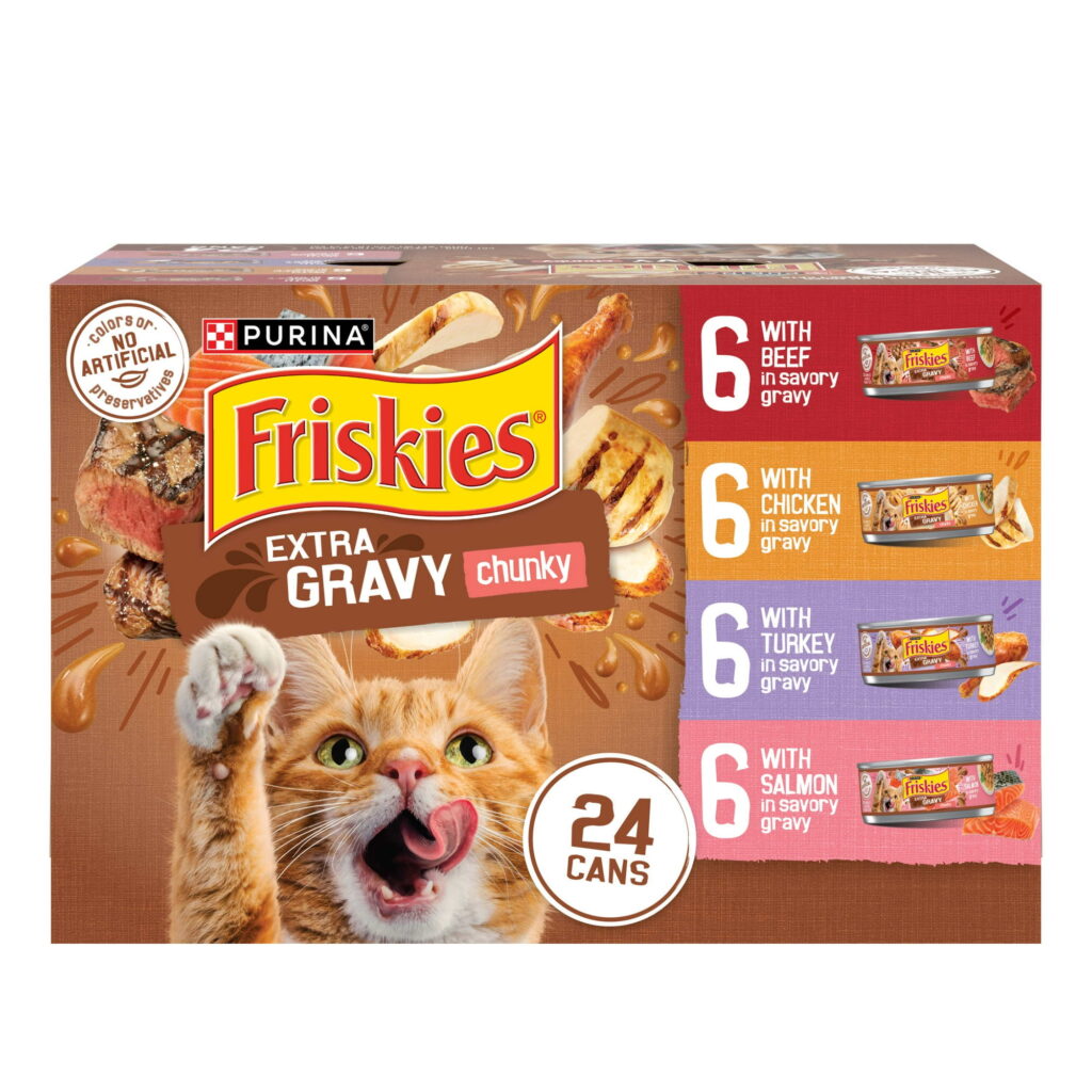 Purina Friskies Extra Gravy Beef, Chicken, Turkey, & Salmon Chunky Wet Cat Food Variety Pack, 5.5 oz Cans (24 Pack)