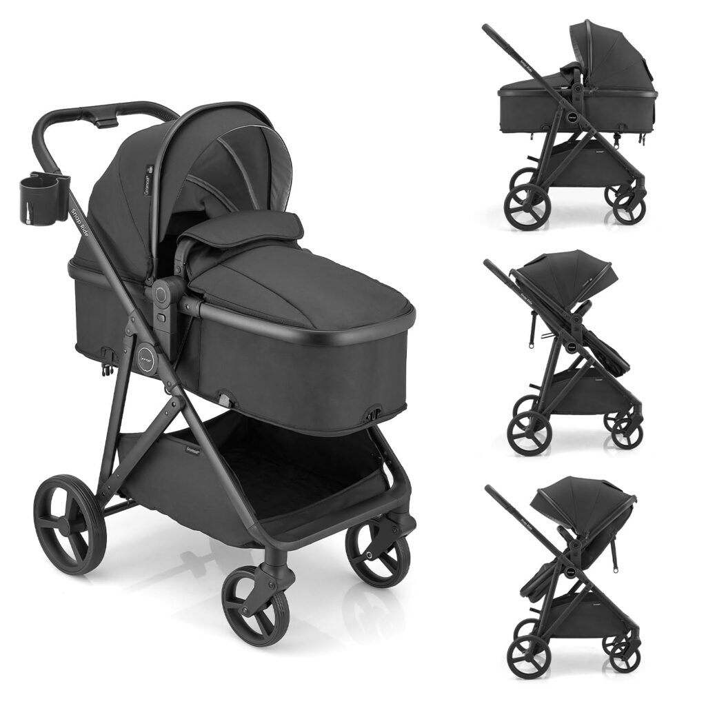 Gromast 3-in-1 Baby Stroller with Bassinet Mode, Convertible Bassinet Stroller for Newborn Infant Toddler with Reversible Seat, UPF 50+ Canopy & Cup Holder - Black
