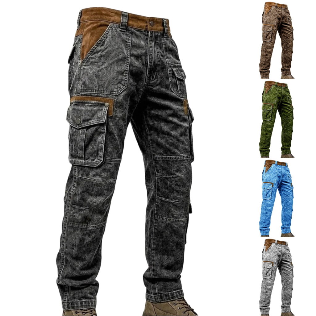 Havenx Men's Denim Cargo Pants Patchwork Button Closure Denim Jeans with Pockets Stretch Jean Pants Outdoor Activity Vintage Hiking Camping Clothes,Camouflage Green L