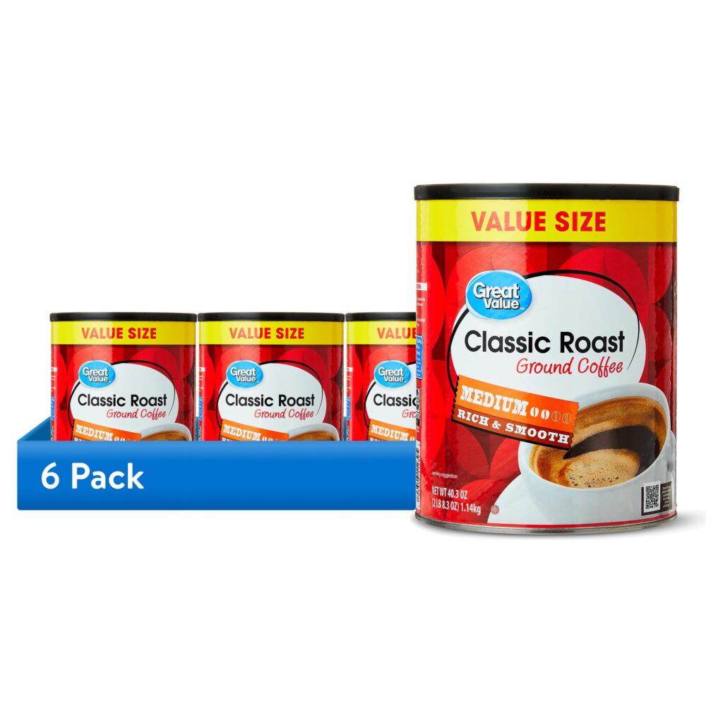(6 pack) Great Value Classic Medium Roast Ground Naturally Caffeinated Coffee, 40.3 oz Cannister