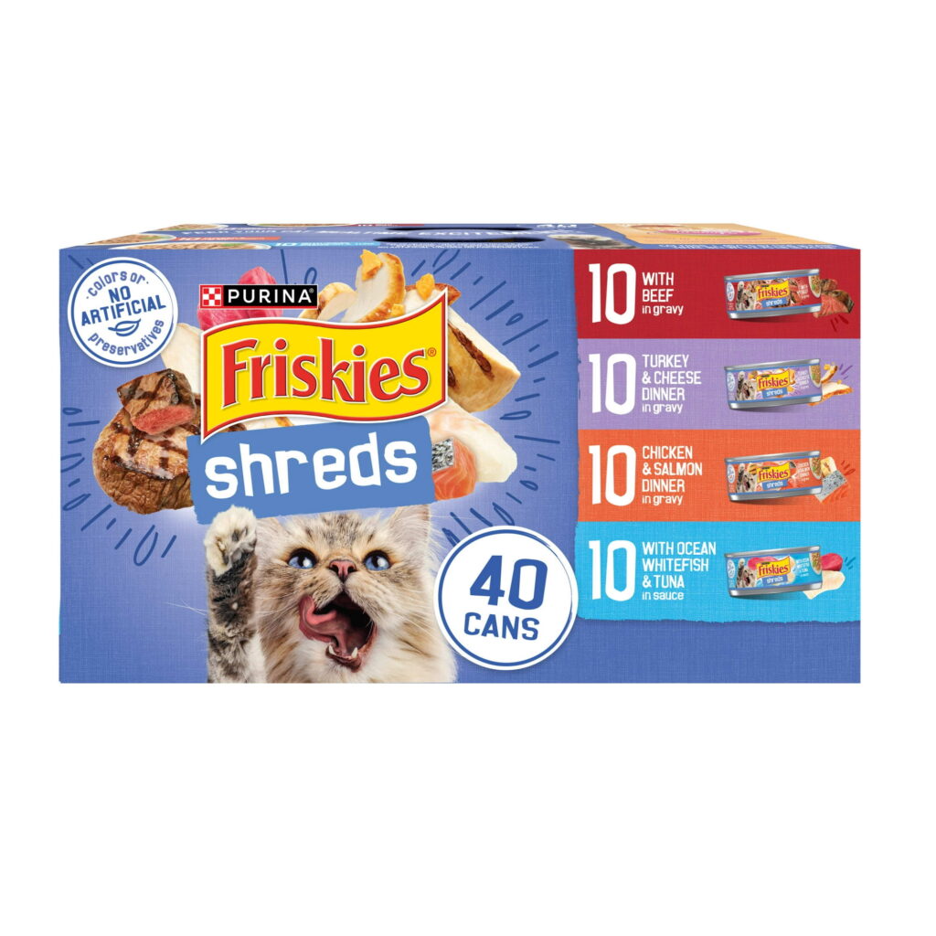 Purina Friskies Shreds Beef, Turkey, Chicken, & Ocean Whitefish Wet Cat Food Variety Pack, 5.5 oz Cans (40 Pack)