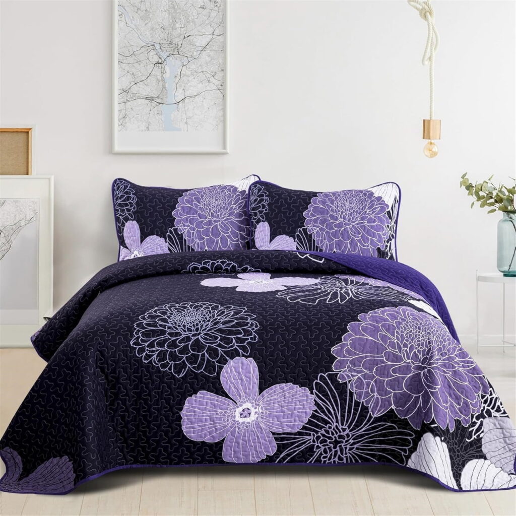 Dintszyayue Purple Floral Quilt Set Queen Size,1Bedspreads and 2Pillowcases Lightweight Soft Adult(90"x96")