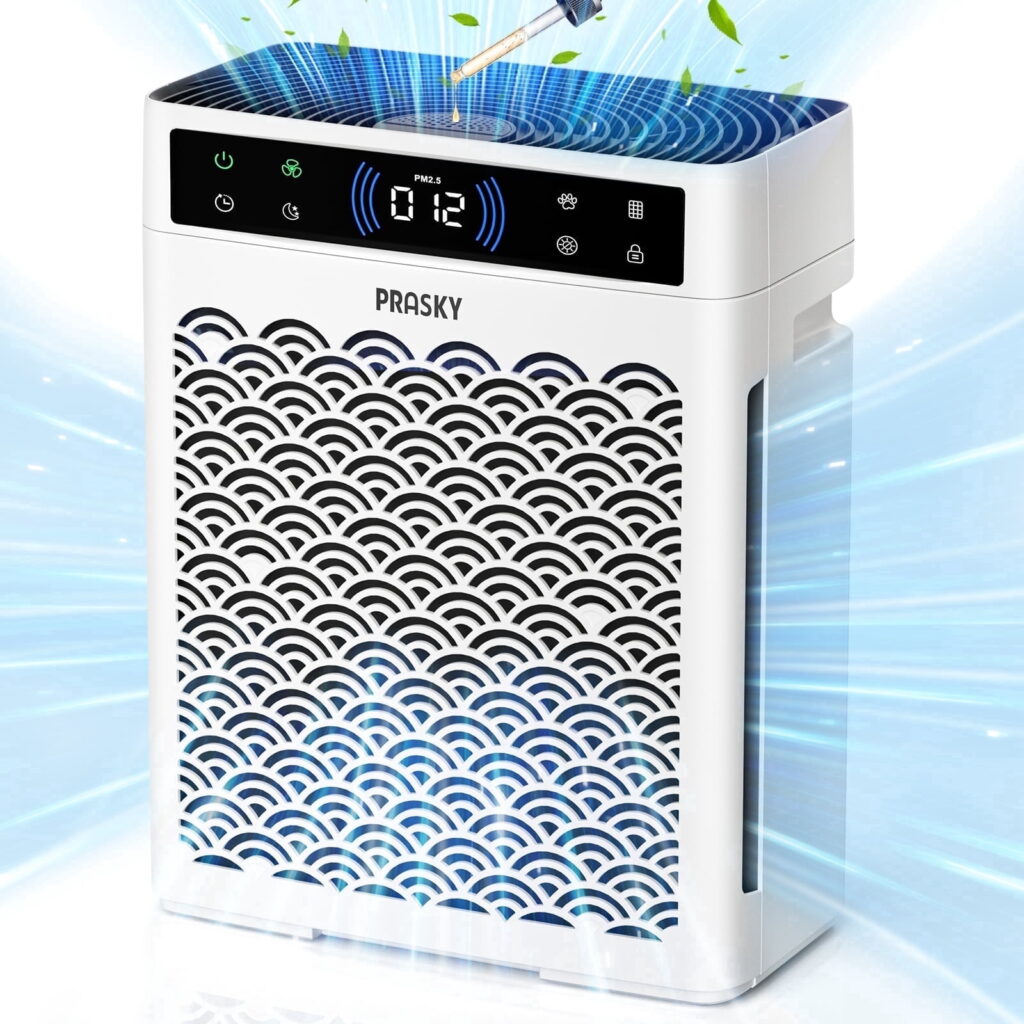 PRASKY Air Purifier for Home with Filter Brusher Large Room up to 2250 Sq ft, True HEPA Filter for Pets, Smoke & Allergies | Quiet for Bedroom (White)