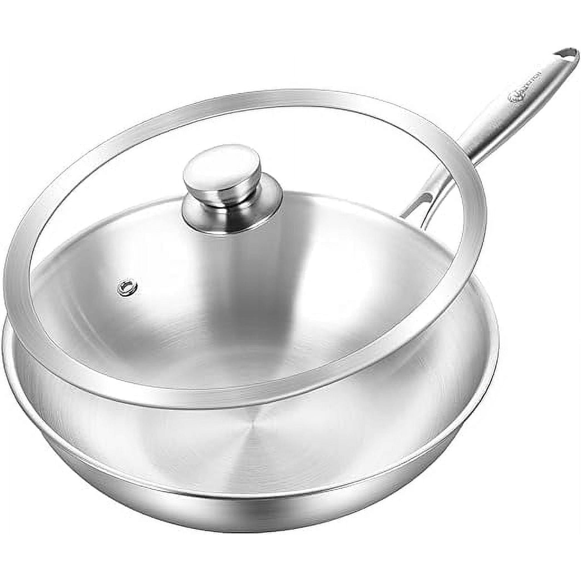 LOLYKITCH Tri-ply Stainless Steel Stir Fry Wok Pan with Lid,12 inch Stri Frying Pan,Induction Pan,Dishwasher and Oven Safe,Removable Handle.