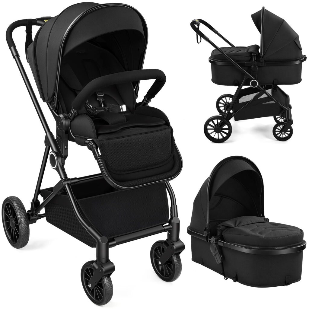 Vomeast 2 in 1 Baby Strollers, Foldable Travel Stroller with 2 Reversible Seats, All-Wheel Suspension, 5-Point Harness, Black