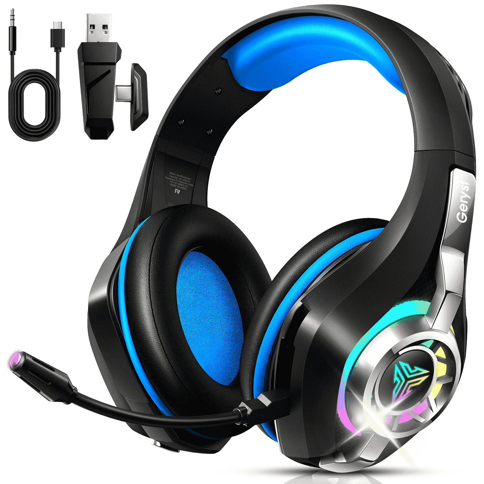 2.4GHz Wireless Gaming Headset for PS4/PS5/Switch/PC, Bluetooth Over Ear Headphones with ENC Noise Cancelling Mic,7.1 Stereo Surround Sound, 40mm Drivers, RGB Light, 45H Battery Gaming Headphone
